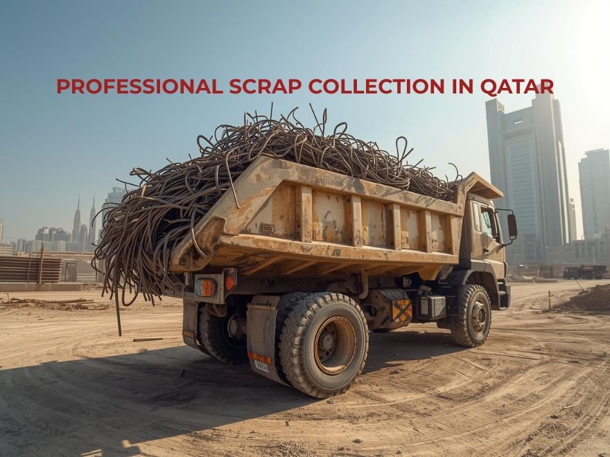 Professional scrap collection truck loading metal at a Doha construction site Qatar.