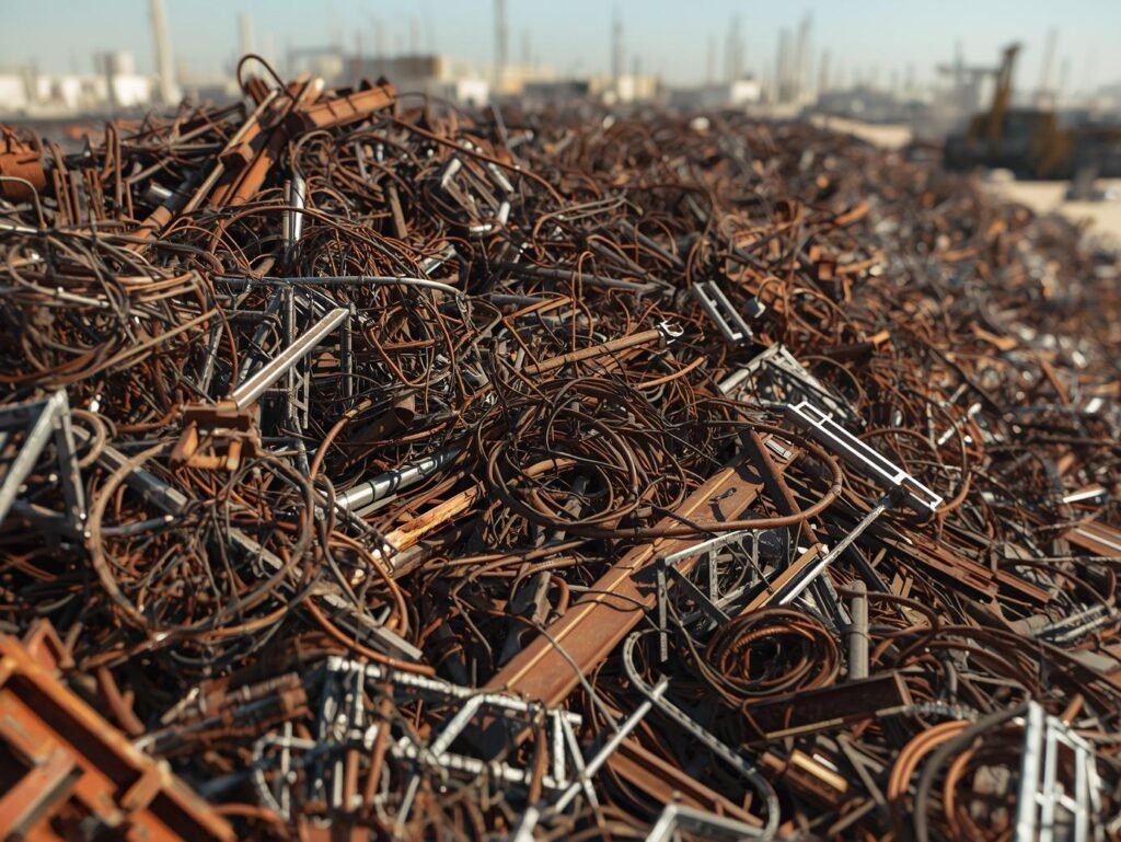 Sorted industrial metal scrap including steel and copper in a Qatar scrap yard.