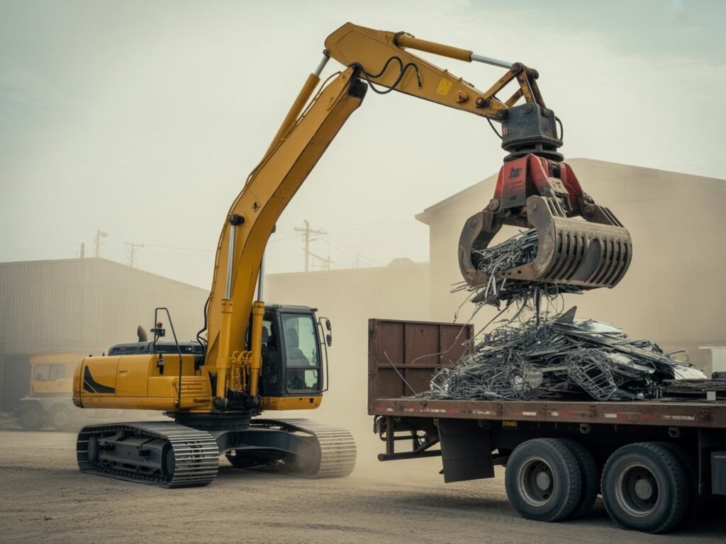 Heavy equipment and excavator loading metal scrap for transportation in Qatar