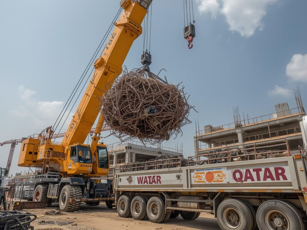 A heavy-duty yellow mobile crane in Qatar lifting a large bundle of tangled steel rebar scrap into a waiting truck at a construction site.
