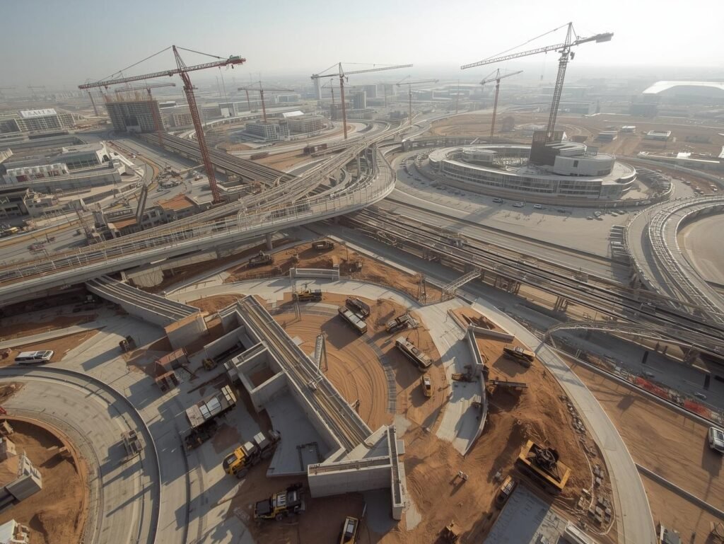 Aerial drone view of a massive infrastructure project in Qatar featuring the Doha Metro expansion and Lusail city construction sites with multiple tower cranes.