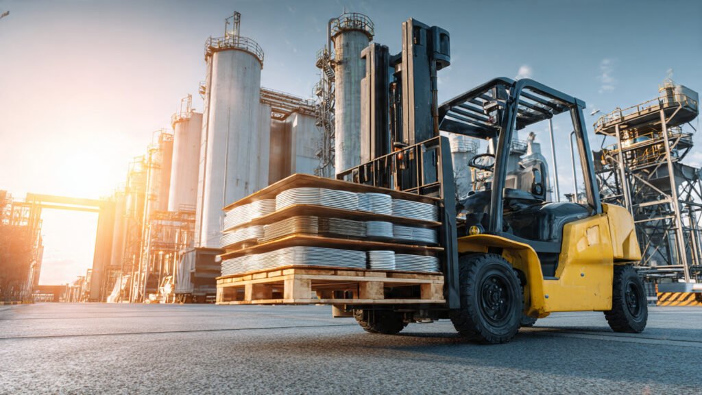 Industrial scrap metal Qatar removal service at a manufacturing facility in Mesaieed showing a forklift loading machine parts.