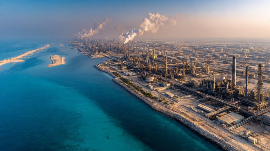 Aerial view of Ras Laffan and Mesaieed industrial zones generating high volumes of industrial scrap metal Qatar.