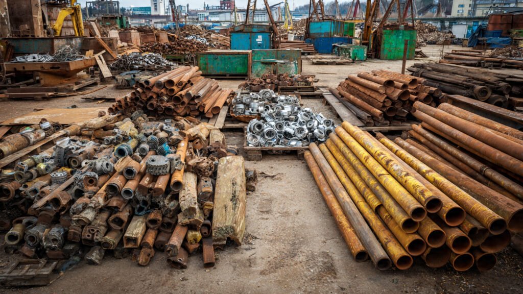 A variety of industrial scrap metal in Qatar including sorted machine components stainless steel pipes and metal fabrication offcuts ready for recycling.