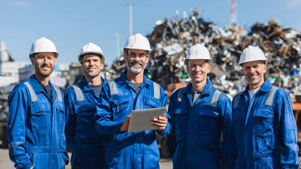 All-male group of professional industrial scrap metal Qatar experts with branded blue jumpsuits, hard hats, and a tablet standing at a Mesaieed factory site ready to provide scrap removal and recycling services.