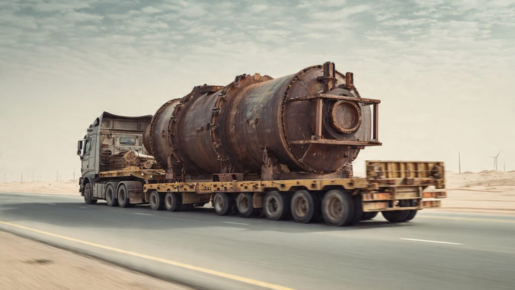 Heavy-duty trailer transporting mechanical scrap Qatar from Ras Laffan to a central processing yard