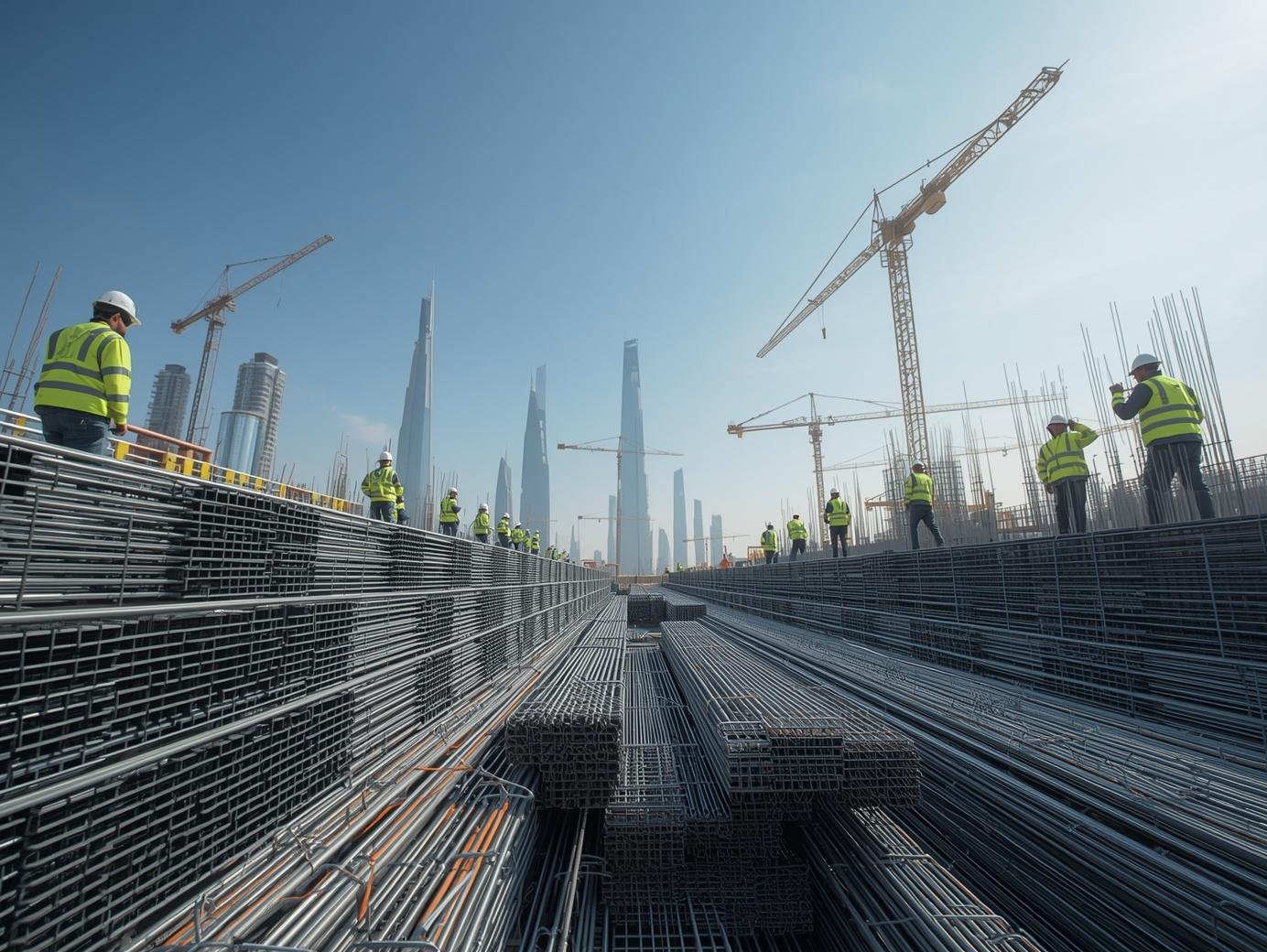 Professional construction scrap in Qatar management with steel reinforcement bars and high-rise buildings background