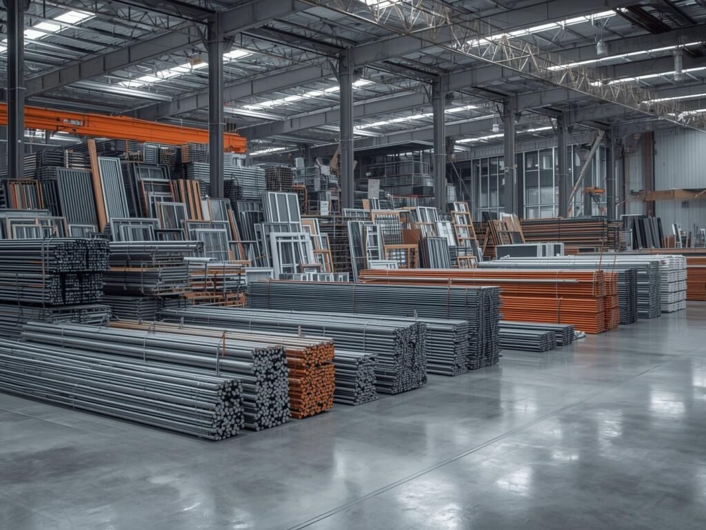 Organized warehouse in Qatar showing different types of construction scrap including steel reinforcement bars, aluminum window frames, and industrial metal pipes.