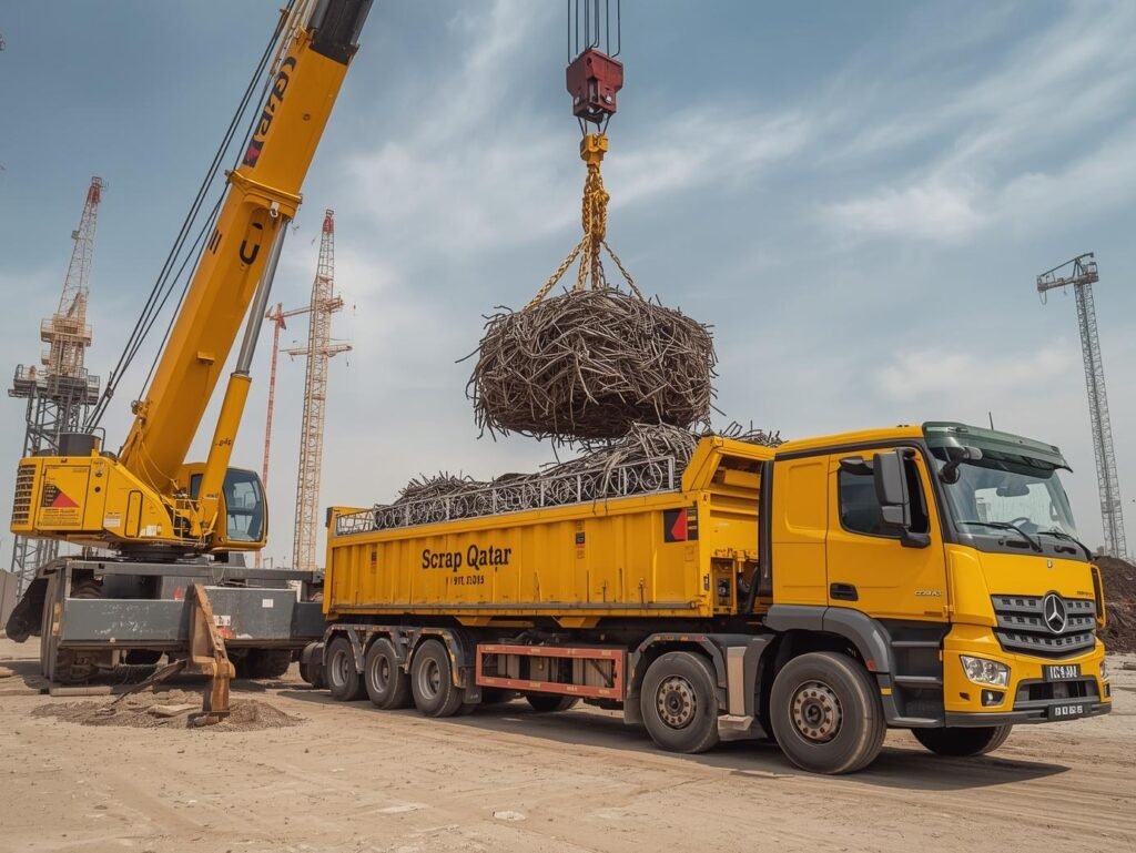 A yellow Scrap Qatar transport truck being loaded with a large bundle of metal scrap by a mobile crane at a construction site in Doha.