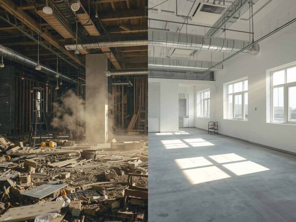 A side-by-side comparison showing a cluttered construction site with debris versus a clean, organized work area after professional site scrap removal in Qatar.