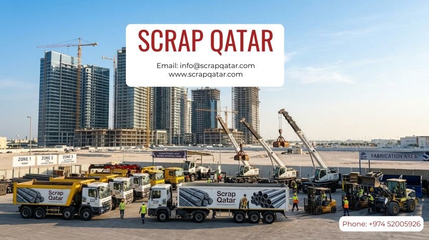 Scrap Qatar professional construction scrap removal fleet with trucks and cranes at a Doha site, including company email and phone number for nationwide services.
