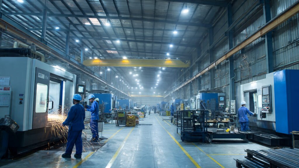 Inside a Qatar factory showing manufacturing waste metal generation from CNC cutting and machine maintenance